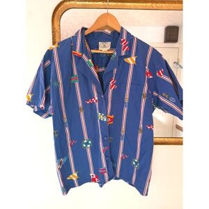 Cutter Ltd Nautical Flags Striped Short Sleeve Button Up Shirt Women Size 10